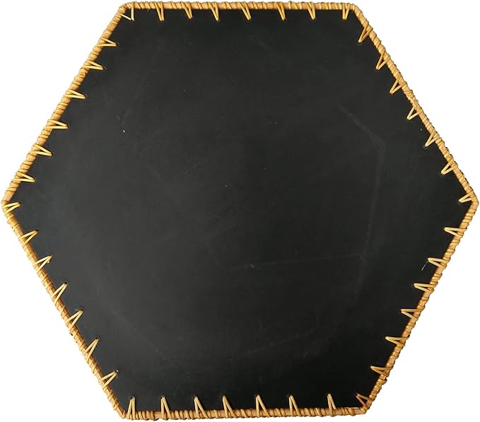 i-LAN 17”Extra Large Hexagonal Rattan and MOP Woven Basket Tray, Boho Wicker Coffee Table Serving Basket Décor with 2 Inch Wall, Handmade Hexangular Display Basket for Countertop