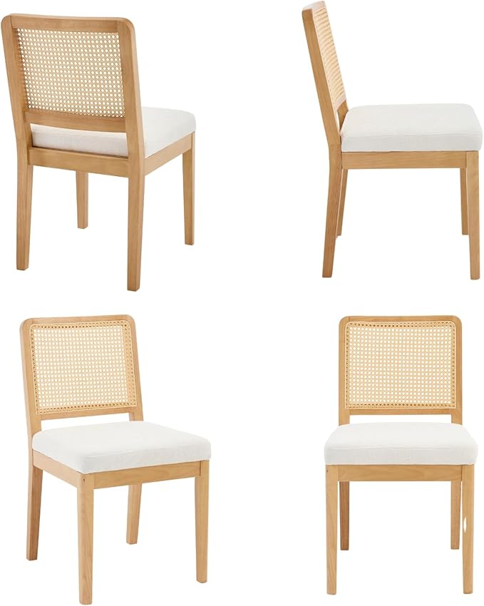 LukeAlon Farmhouse Rattan Dining Chairs Set of 2, Mid Century Modern Chenille Kitchen & Dining Chairs with Solid Wood Legs, Woven Cane Upholstered Kitchen Chairs Side Chairs for Dining Room, White