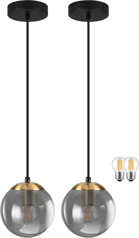 KoKo&Yukina 6 Inch Globe Pendant Light Gold Globe Pendant Lights Kitchen Island Mid Century Light Fixture with Grey Glass Shade for Dining Room (2 Pack)