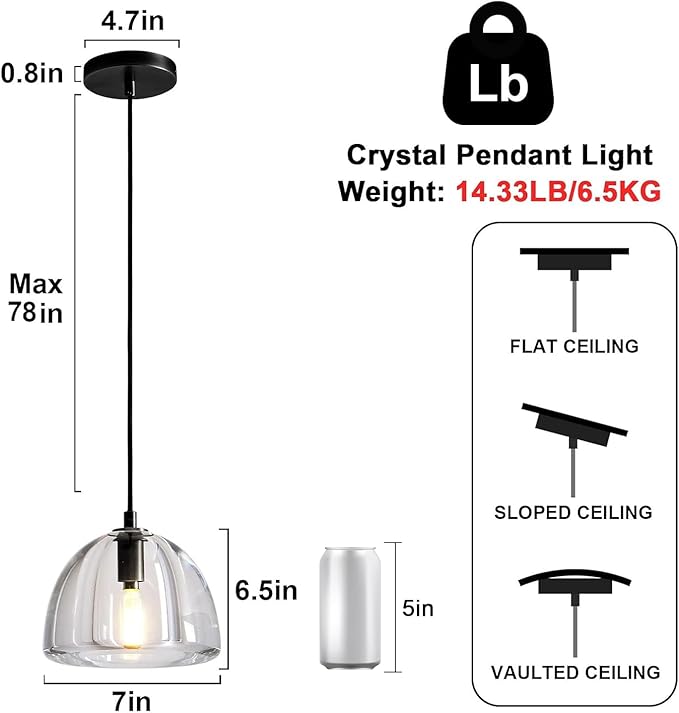 Black Crystal Hemisphere Pendant Light, Kitchen Pendant Lighting Over Island, Farmhouse Pendant Light for Indoor Kitchen Island Dining Room Living Room Bedroom Bathroom, E12 Bulb Included