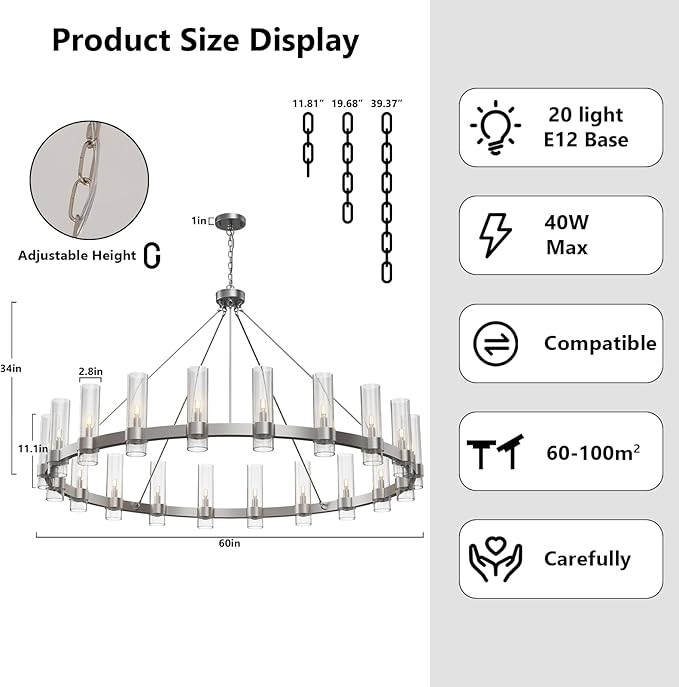 Nickel Chandelier,20-Light Wagon Wheel Chandelier with Glass Shade, 60 Inch Large Round Industrial High Ceilings Pendant Lighting Fixture for Dining Room, Living Room, Kitchen Island