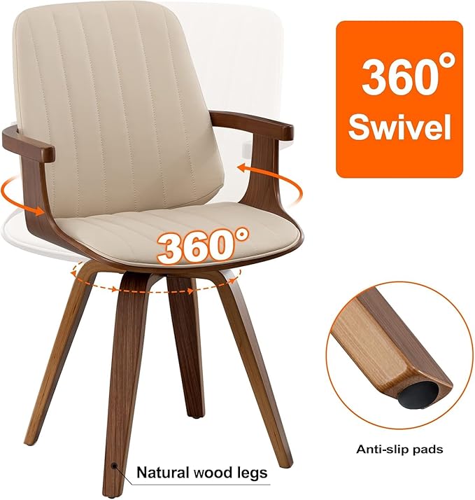 Dining Chairs Set of 2, Mid Century Modern Dining Chairs with Walnut Craftsmanship, Upholstered Faux Leather, Wooden Arms and Legs, Dining Chair with Arms for Kitchen/Living Room (Beige, Swivel)
