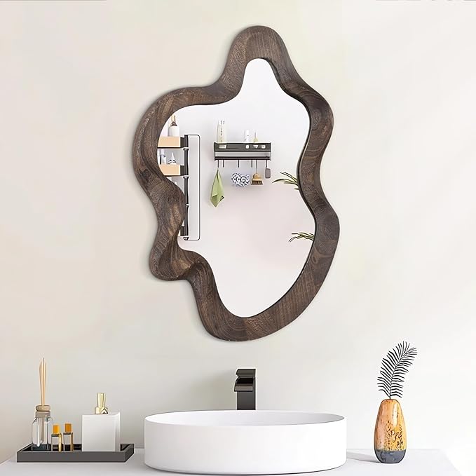 Asymmetrical Wavy Mirror for Wall Decor Large Cute and Stylish Unique Wooden Framed Wall Mirror Vanity Artistic Cloud Mirror 21.6"x15" Decorative for Living Room Bedroom Bathroom Entryway