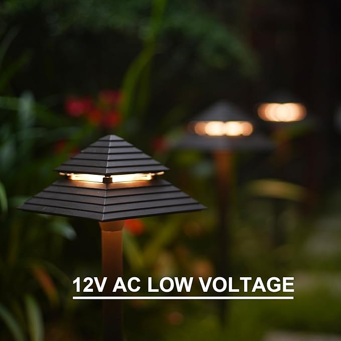 GOODSMANN Landscape Lighting 2PK Low Voltage Landscape 2-Tier Pagoda Path Lights 3W 180 Lumen LED 12V AC Weatherproof for Outdoor Die-Cast Body and Metal Spike with Bronze Finish 9121-21505-02A