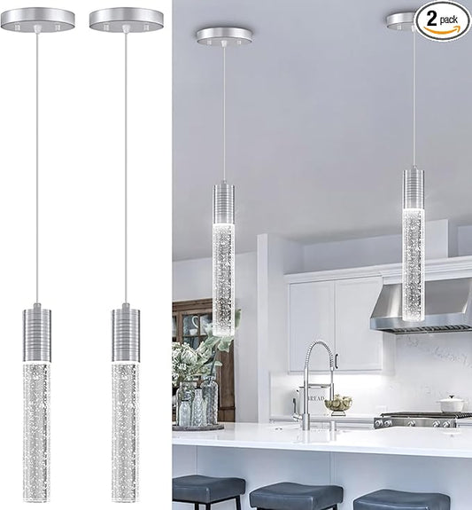 Set of 2 Pendant Lights for Kitchen Island, White Light, Silver Crystal Linear Pendant Lighting, Bar Corner LED Light Fixture