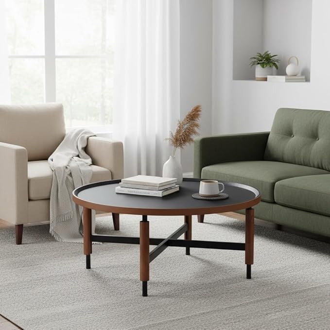 LukeAlon Modern Round Coffee Table Circle Wooden Table Top with Black Cross Legs Base, Rustic, Vintage, Living Room Easy Assembly, Black(31" D x 31" W x 13.5" H)