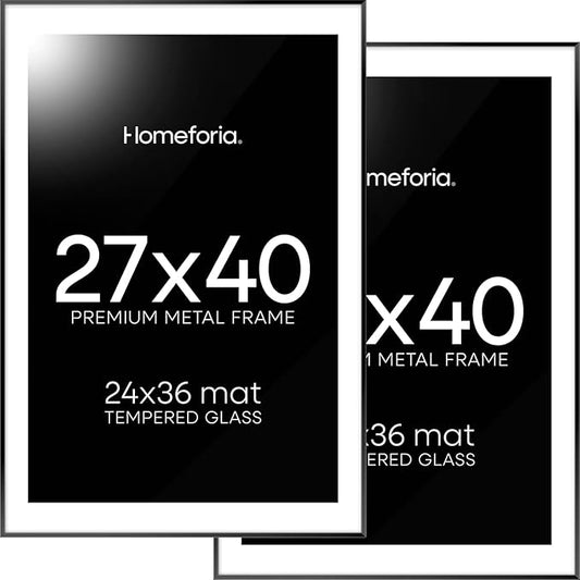 Homeforia 27x40 inch Poster Frame Black, High End Metal 27 x 40 Large Movie Picture Frames with Mat 24 by 36 in Photo, 27x40 Thin Frame Matted to 24x36, 40x27 Frame, Tempered Glass, Wall Kit, Set of 2