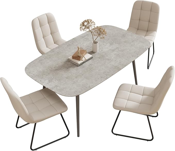 55.1'' Dining Table Set for 4,Modern Wood Dining Table,Leather Dining Chairs 4,Table and Chairs Set of 4,Ideal for Kitchen Dining Room (Gray Table + 4 U-Shaped White Chairs, 55.1")
