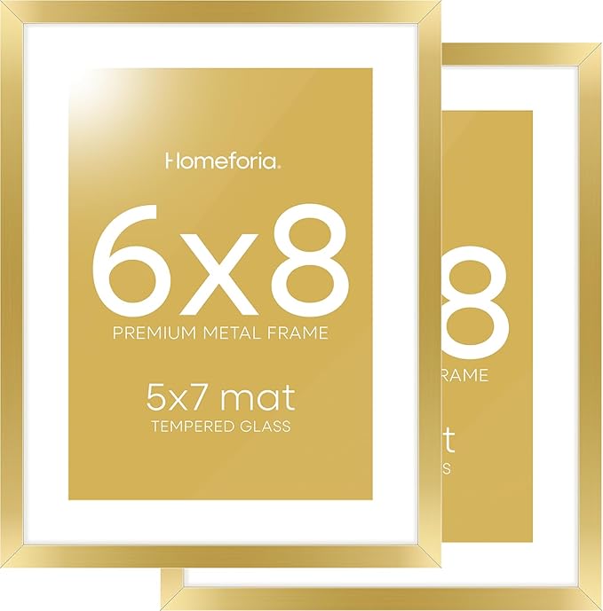 Homeforia 6x8 Picture Frame Gold, High End Metal 6 x 8 Frames with Mat 5 by 7 for Print, Photo Frame 6x8 Gold Matted to 5x7 inches Art, 6by8 Wall or Tabletop Frames, Tempered Glass, Wall Kit, Set of 2