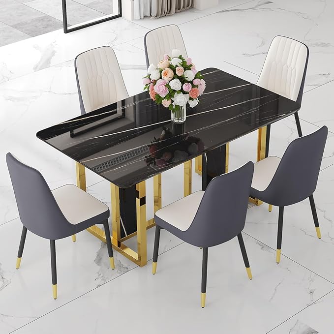 TesNus 63" Black Dining Table Set for 6 with Chairs,Modern Faux Marble Rectangular Kitchen Table and Chairs Set Luxury 7 Piece Dining Room Set with Gold Metal Legs,Easy Assemble,Stable Base