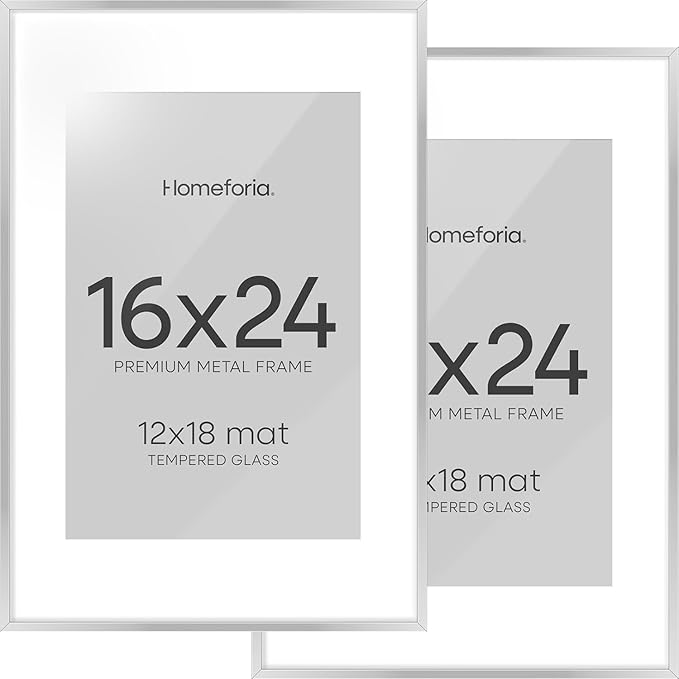 Homeforia 16x24 Silver Picture Frames, High End Metal 16x24 Poster Frame with Mat 12x18 in Photo, 16 x 24 Silver Frame Matted to 12 by 18 Print, 24x16 Hanging Frame, Tempered Glass, Wall Kit, Set of 2