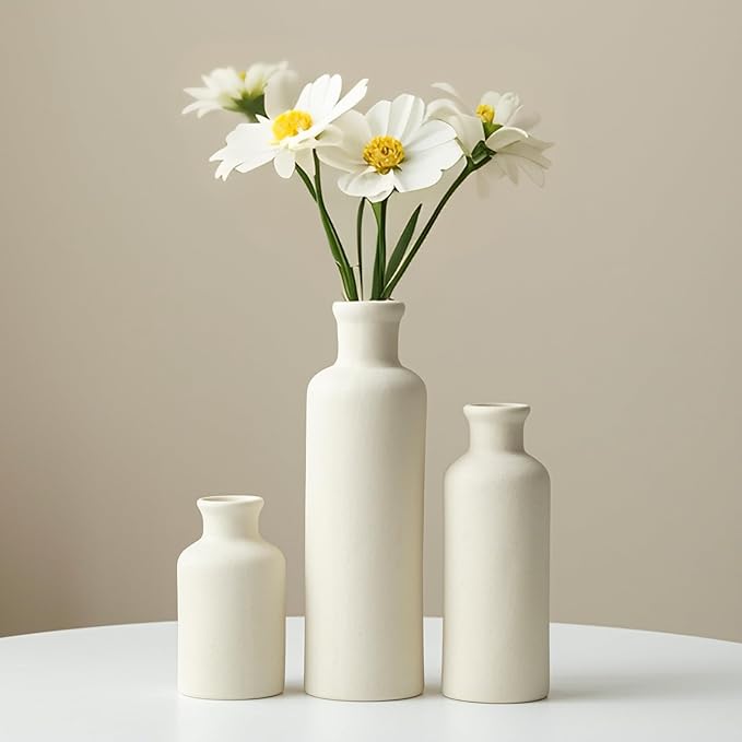 Modern Ceramic Vase Set of 3, Beige Colors, Decorative Bottles for Home, Farmhouse Rustic Decor (Beige)