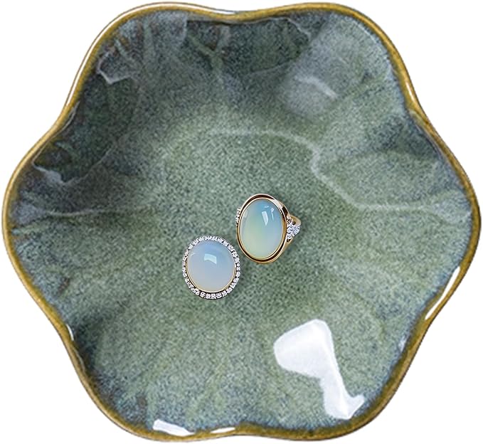 Ceramic Trinket Dish, Ring Tray, Decorative Jewelry Dish, Decoration Plate for Earrings, Rings, Jewelry Dish Holder, Key Bowl, Trinket Tray, Earring Holder for Women (Deep Green)