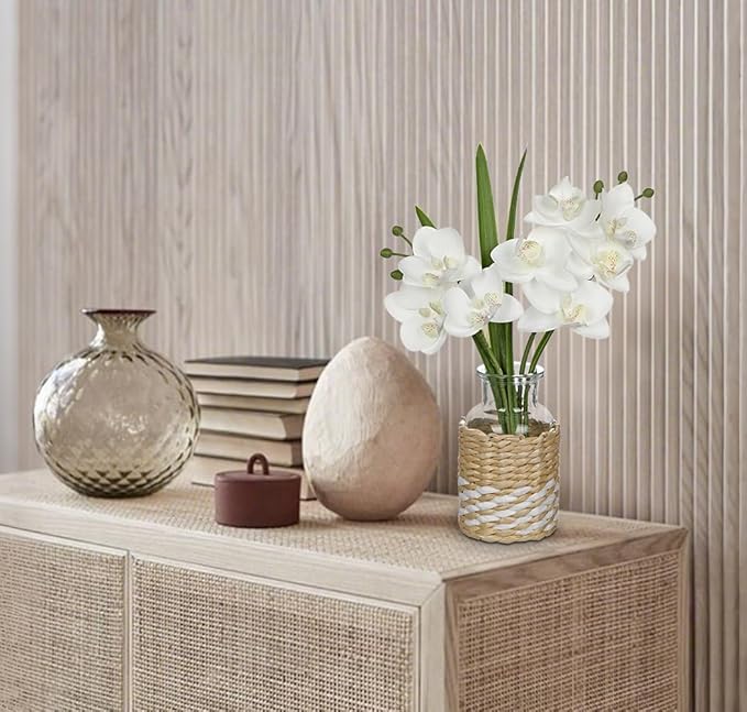 White Orchids Artificial Flowers with Vase, Small Faux Orchid Arrangement Fake Flower in Woven Glass Vase Small White Centerpieces for Kitchen Dining Room Tables Bathroom Nightstand Decor