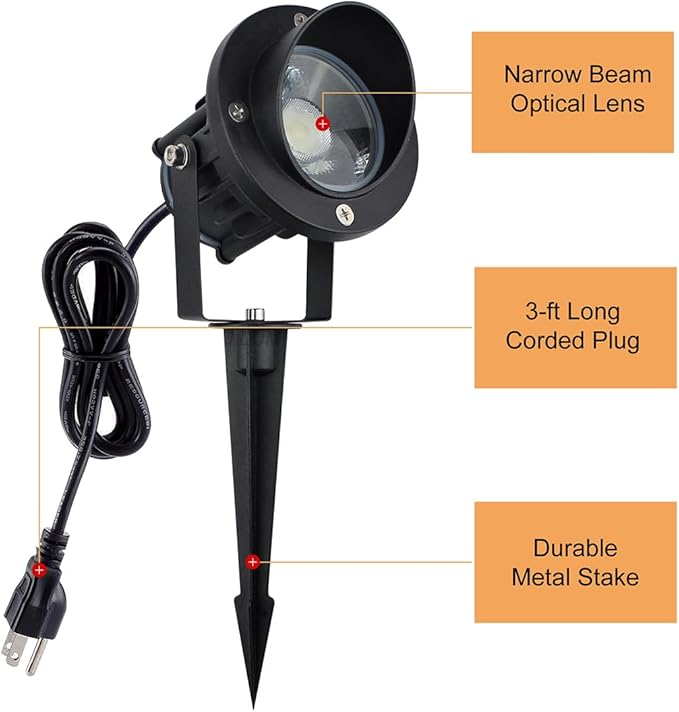 GBS9709 LED Landscape Spotlight with Stake, 9W 120V AC, Flag Spotlight Outdoor, Landscape Lights, 75 watt Replacement, 36" Cord with Plug, Metal Spike Stand, Not Dimmable (Pack of 2)