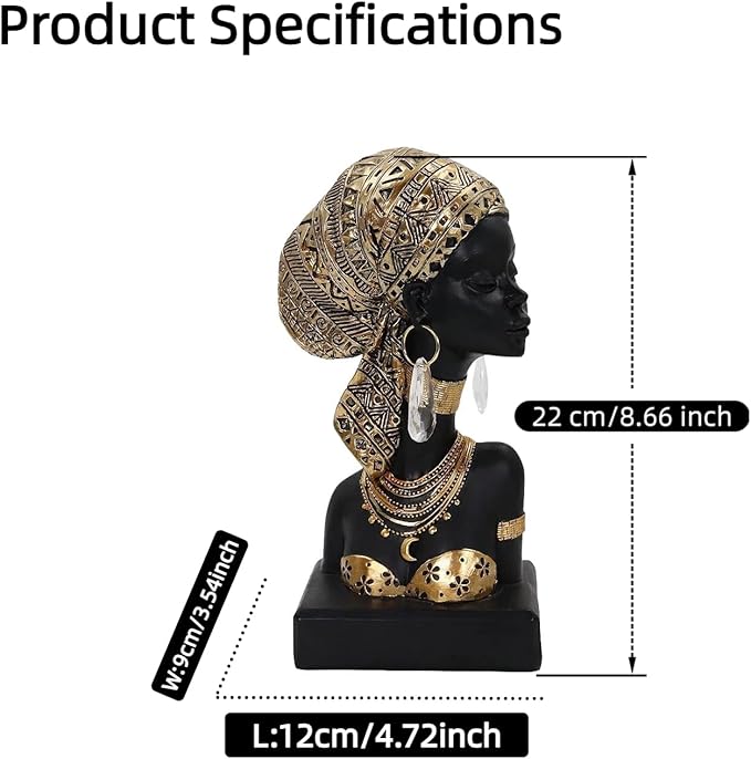 African Woman Resin Bust Sculpture with Crystal Earrings – Tribal Lady Figurine in Gold Headdress for Home Decor, Black and Gold Accent Statue for Shelf, Table, Office, Gift for Women