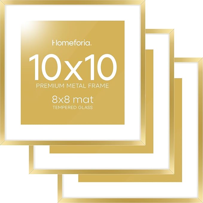 Homeforia Square 10x10 Gold Frame, High End Metal 10 by 10 Picture Frames with Mat 8 x 8, 10by10 Thin Poster Frame Matted to 8x8 inch Photo, Wall or Tabletop Frames, Tempered Glass, Wall Kit, Set of 3