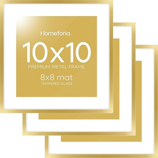 Homeforia Square 10x10 Gold Frame, High End Metal 10 by 10 Picture Frames with Mat 8 x 8, 10by10 Thin Poster Frame Matted to 8x8 inch Photo, Wall or Tabletop Frames, Tempered Glass, Wall Kit, Set of 3