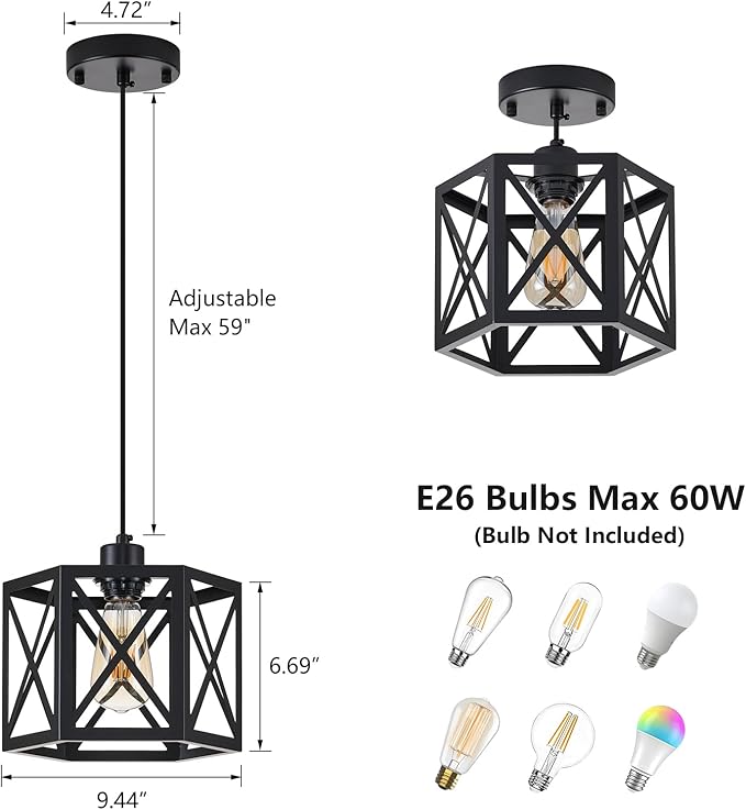 2 Pack Farmhouse Pendant Lights, Modern Black Hanging Light Fixture with Hexagonal Cage, Industrial Metal Ceiling Lights, Adjustable Lantern Pendant Lighting for Kitchen Island Sink Hallway