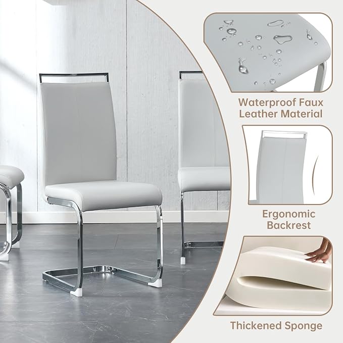 Glass Dining Room Table Set for 4,Dining Table Set for 4 with PU Leather Chairs,Retangular Dining Table with MDF Table Legs and Sliver Base for Dining Room