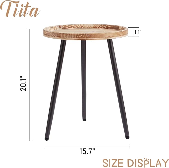 Tiita Round End Table Mental Side Table Nightstand/Small Wood Tables Accent Coffee Table with Wooden Tray for Living Room Bedroom Office Small Space