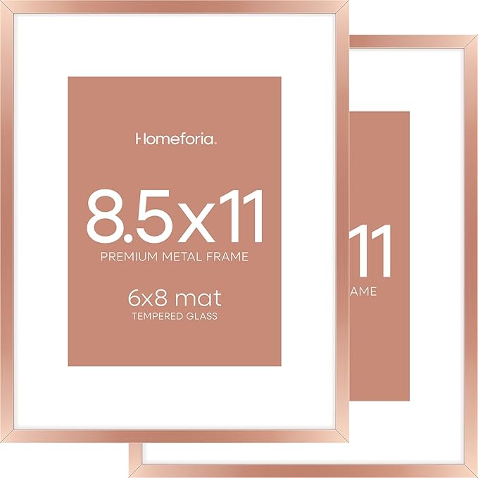 Homeforia 8.5x11 Rose Gold Frame, High End Metal 8.5 x 11 Picture Frames with Mat 6 by 8 inch Photo, 11x8.5 Poster Frame Matted to 6x8 Print, Wall or Tabletop Frame, Tempered Glass, Wall Kit, Set of 2