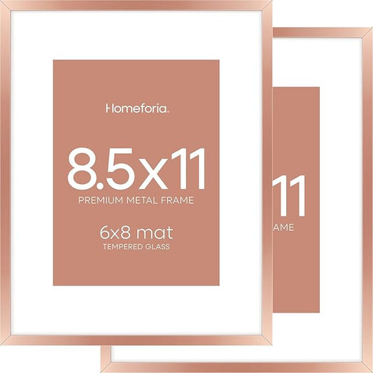 Homeforia 8.5x11 Rose Gold Frame, High End Metal 8.5 x 11 Picture Frames with Mat 6 by 8 inch Photo, 11x8.5 Poster Frame Matted to 6x8 Print, Wall or Tabletop Frame, Tempered Glass, Wall Kit, Set of 2