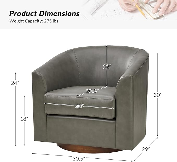 HULALA HOME Faux Leather Swivel Accent Chairs Set of 2 with Solid Wood Base, Round Swivel Barrel Chairs for Living Room and Bedroom, Grey