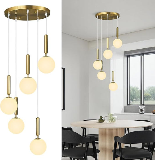 Modern Gold Pendant Light Hanging Fixture Light for Kitchen Island Mid Century with Globe Pendant Light Milk White Glass Pendant Lighting for Living Room Bedroom Entryway (5 Lights)