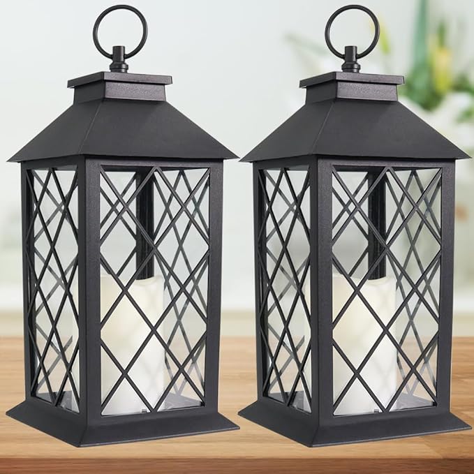 Bright Zeal 2-Pack 13.5" Vintage Candle Lantern with LED Pillar Light (Black, 6hr Timer) - IP44 Waterproof Battery Powered Decorative Light - Outdoor Hanging Lantern Decorative Indoor Candle Holder
