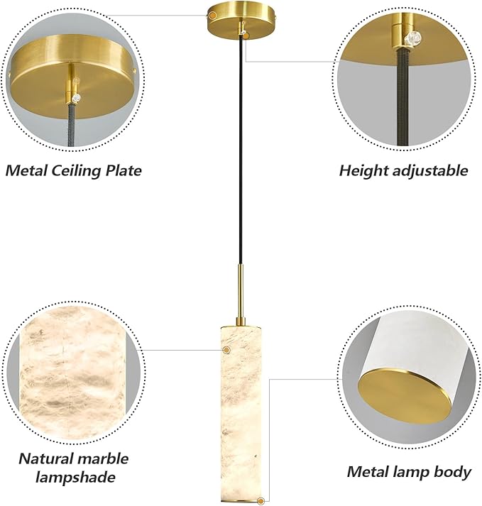 LMQNINE Natural Alabaster Pendant Lights for Kitchen Island White Marble Long Tube Chandelier Modern Gold Ceiling Light Fixtures for Bedroom Dining Room Table Living Room Hallway(S-1Pack)