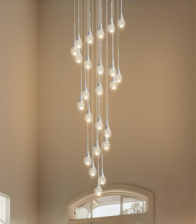 24 Light Modern Glam Crystal Chandelier for High Ceiling LED Dimmable Ceiling Pendant Light Staircase Foyer Enterway Living Room Chandelier Lighting Antique Silver