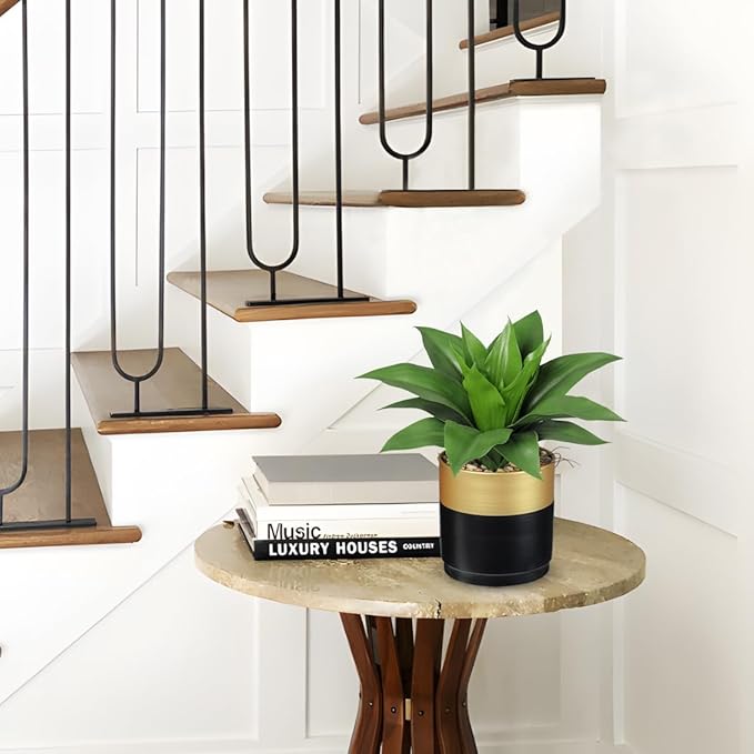 Briful Agave Artificial Wide Leaf Plant in Black and Gold Pot – 10.2” Tall Faux Greenery with Plastic Leaves & Pebble Base, Fake Plants for Indoor Table Decor, Desk, Shelf, Office or Bathroom