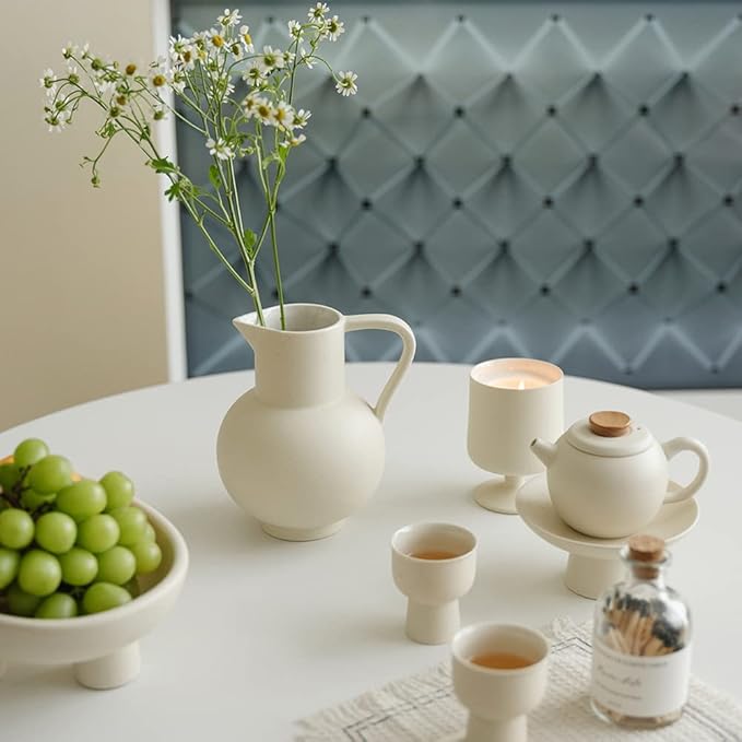 France Style Flower Vase with Handle, Water Pot/Dry Flower Vase, Minimalist Decor for Living Room, Dining Table & Bedroom (Crème)