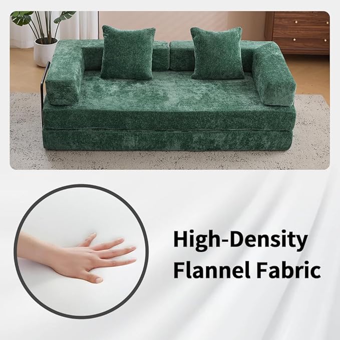 Convertible Folding Mattress Couch, Floor Sofa Bed with Fixed-Shape Frame, Flannel Floor Sofa with Armrest, Floor Sofa Lounge Couch for Living Room Bedroom Lounge Studio-Dark Green