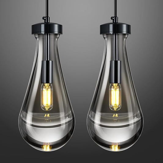 Raindrop Pendant Lights Kitchen Island Teardrop PlatingBlack Hanging Light Fixtures Clear Solid Glass Pendant Light Modern Chandeliers for Dining Room Porch Corridor Living Room(Black 2-Pack)