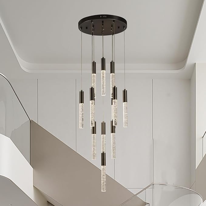 Round Black Chandelier, Modern Raindrop Hanging Lights, Large Dimmable High Ceiling Lamps, LED Crystal Pendant Lighting for Staircase Living Room Dining Room Farmhouse