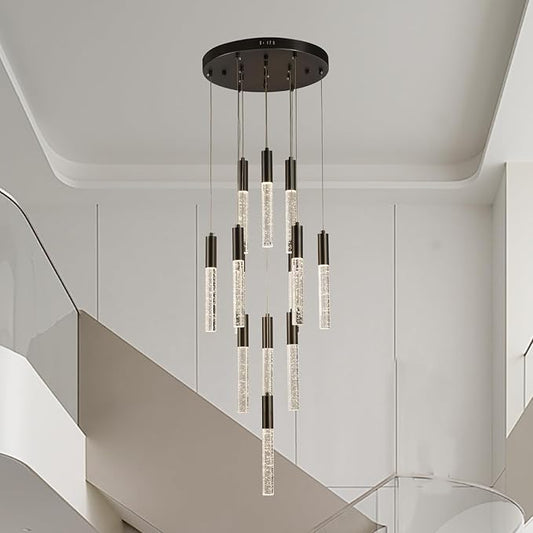 Round Black Chandelier, Modern Raindrop Hanging Lights, Large Dimmable High Ceiling Lamps, LED Crystal Pendant Lighting for Staircase Living Room Dining Room Farmhouse