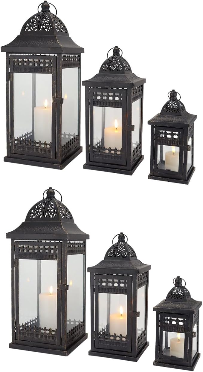 JHY DESIGN 6Pcs Decorative Candle Lanterns 20&14.5"&9.5" High Vintage Style Hanging Lantern, Metal Candleholder for Indoor Outdoor, Events, Parities and Weddings（Black with Gold Brush）