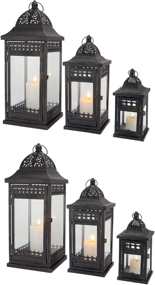 JHY DESIGN 6Pcs Decorative Candle Lanterns 20&14.5"&9.5" High Vintage Style Hanging Lantern, Metal Candleholder for Indoor Outdoor, Events, Parities and Weddings（Black with Gold Brush）