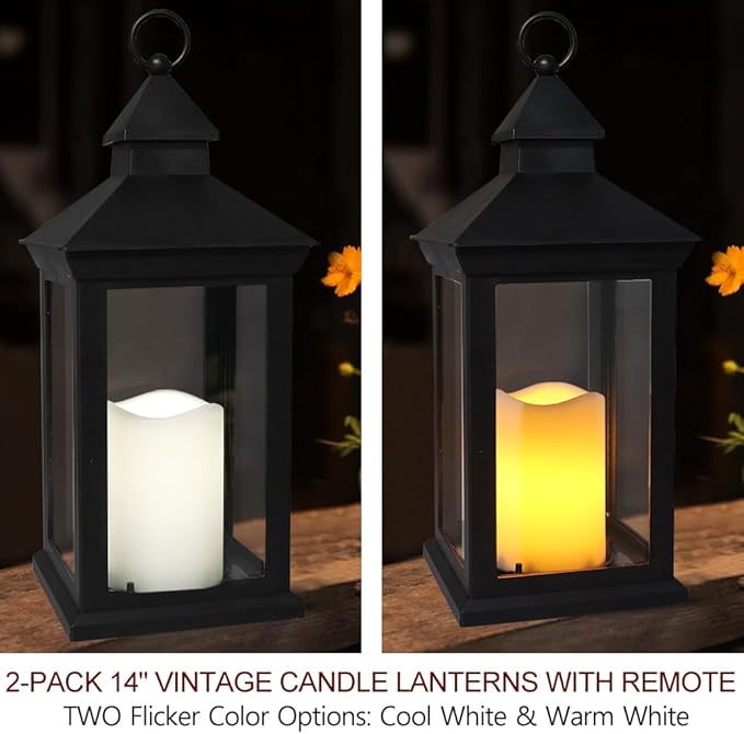 Bright Zeal 2-Pack 14" Candle Lanterns Outdoor Waterproof Decorative Lights with Timer Remote -Cool White Vintage Lantern Outdoor Decor