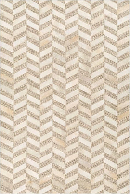 Geometric Pattern Area Rug, Leather and Wool Blend Carpet, Beige and White (Natural White/Beige-113, 6x9)