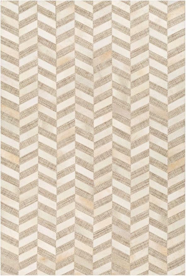 Geometric Pattern Area Rug, Leather and Wool Blend Carpet, Beige and White (Natural White/Beige-113, 3x5)