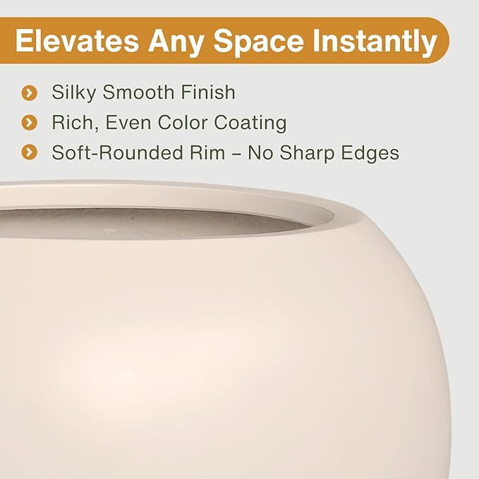 12.8" H x 16" D Globo Fiberstone Round Planter with Drainage Hole, Weather Resistant, Smooth Finish, Planters for Indoor Plants & Outdoor, 2 Extra Coco Mats (Kilim Beige, 10.7" Pot Opening)