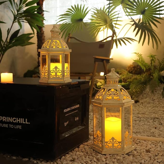 Lanterns Decorative Outdoor&Indoor, Set of 2 (15"&11") Beige Metal Lantern Decor with Glass, Candle Holder for Porch, Patio, Garden, Fall, Wedding, Christmas, Table Centerpiece