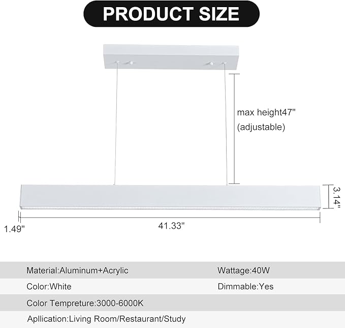 Dimmable Linear Chandelier, 41 Inch Modern LED Chandelier, 40W LED Pendant Light with Adjustable Height, Pearl White Modern Kitchen Chandeliers for Kitchen Island, Dining Room, Office