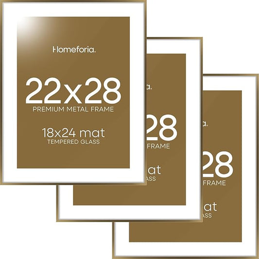 Homeforia 22x28 Picture Frame Bronze, High End Metal 22 x 28 Large Poster Frames with Mat 18 by 24 Photo, 22x28 Brass Frame Matted to 18x24 Print, 28x22 Thin Frames, Tempered Glass, Wall Kit, Set of 3
