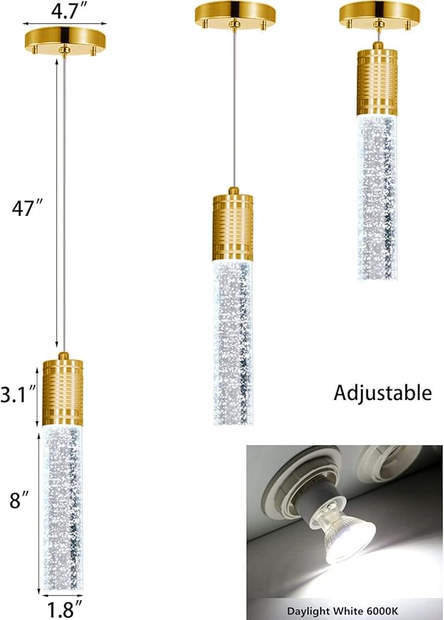 Set of 3 Pendant Lights for Kitchen Island, White Light, Gold Crystal Linear Pendant Lighting, Bar Corner LED Light Fixtures Glam Drop Light