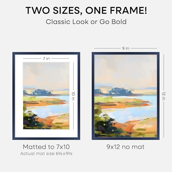 Homeforia 9x12 Navy Blue Frame, High End Metal 9 x 12 Picture Frames with Mat 7 by 10 inch Photo, 9by12 Poster Frame Matted to 7x10 Art, 12x9 Wall or Tabletop Frame, Tempered Glass, Wall Kit, Set of 1