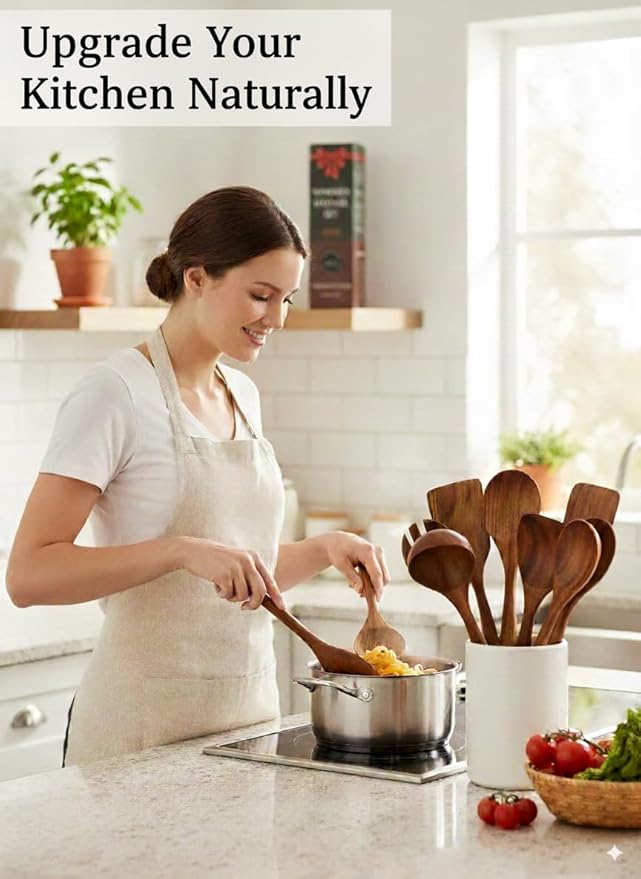 100% Natural Teak Wood Wooden Utensil Set – Non-Stick & Heat Resistant – 10 Pcs Durable Kitchen Spoons for Cooking, Eco-Friendly & Comfortable Grip